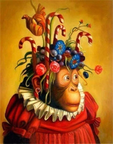 ZW19 Handmade Painted Stretched Canvas Frame Grapes Flowers Monkey Oil Painting
