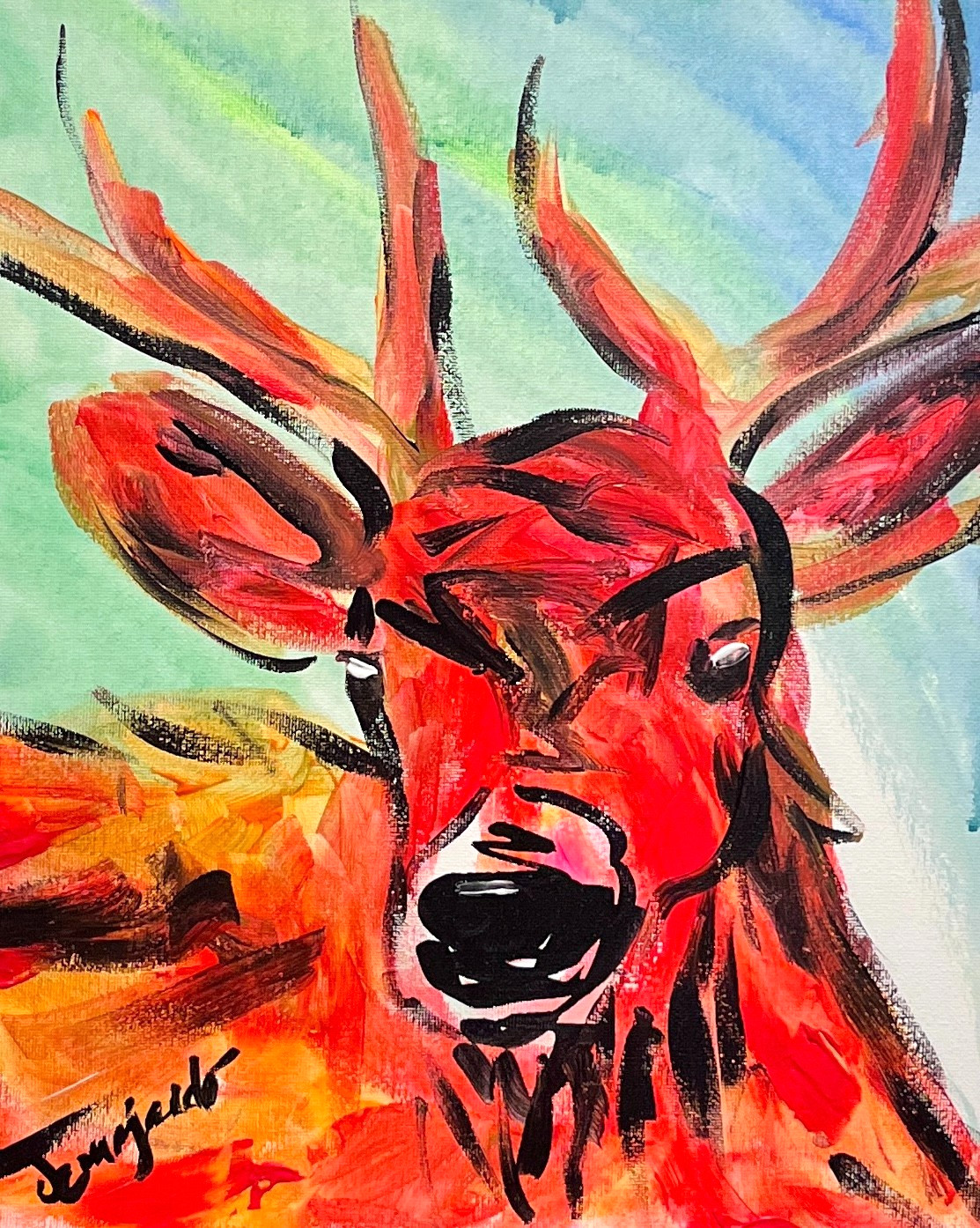 Guajardo Art: Red Deer 14X11 Original Canvas Signed Whimsical Interior Decor