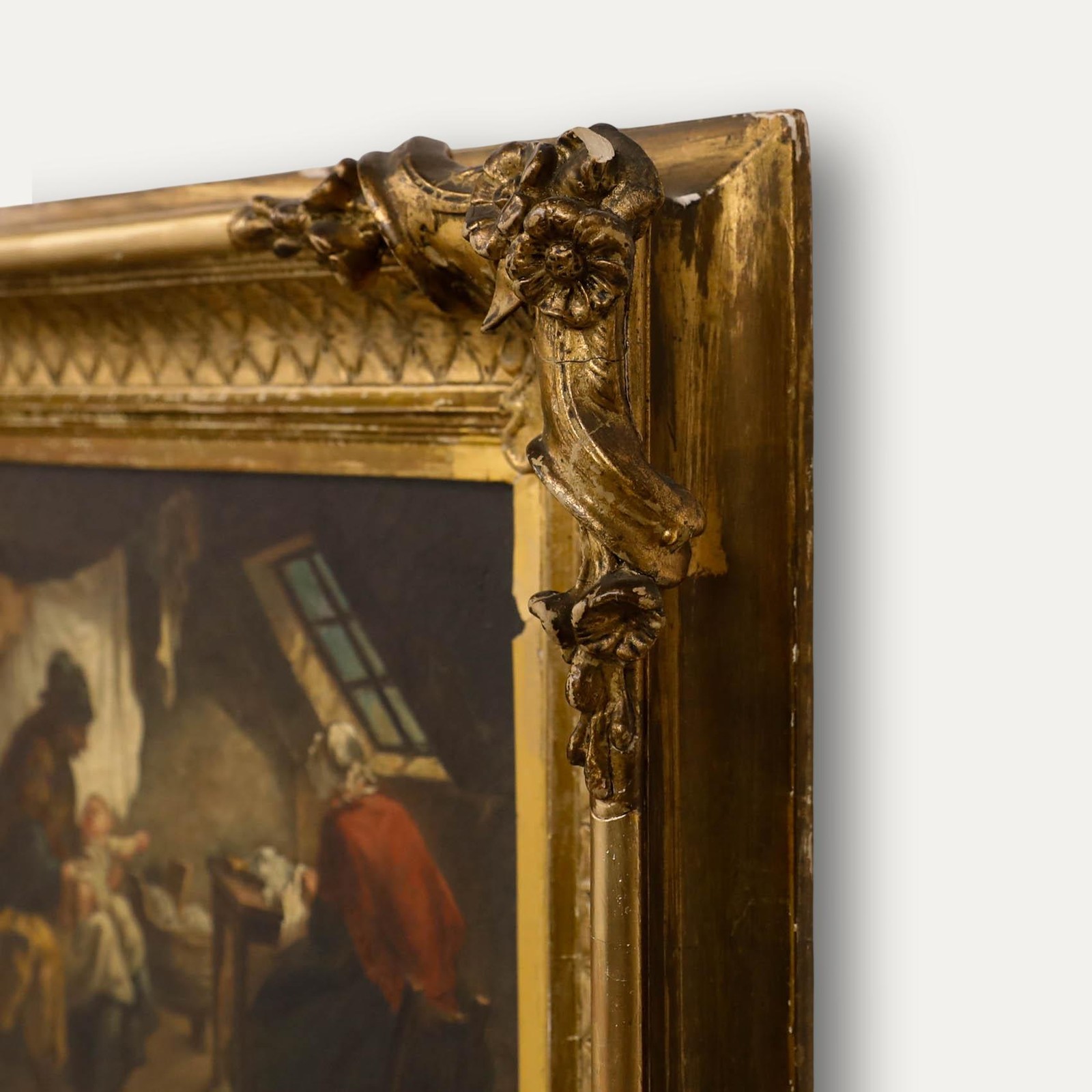 Framed 19th Century Oil – Interior Scene with Women and Baby