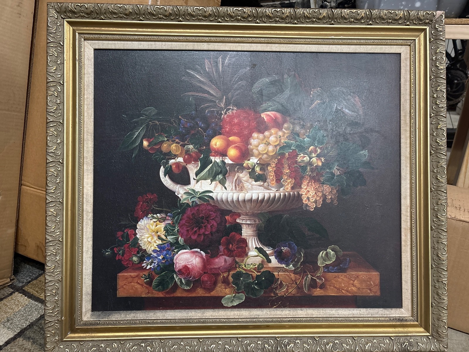 signed by L. Lenska large print transfer on canvas oil painting framed picture