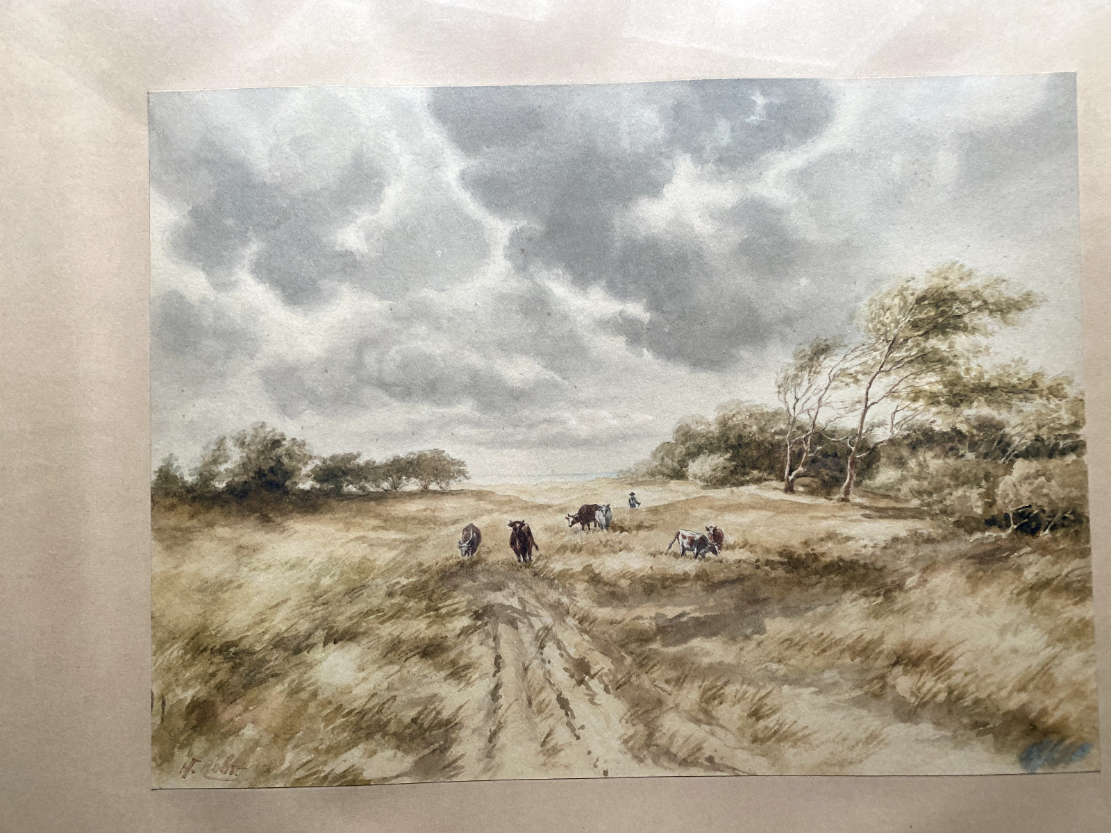 ::WATERCOLOUR °H. PIPE COWS ON PASTURE SEA ° BÜRGENSTOCK HOTEL STICKER VERSO ANTIQUE