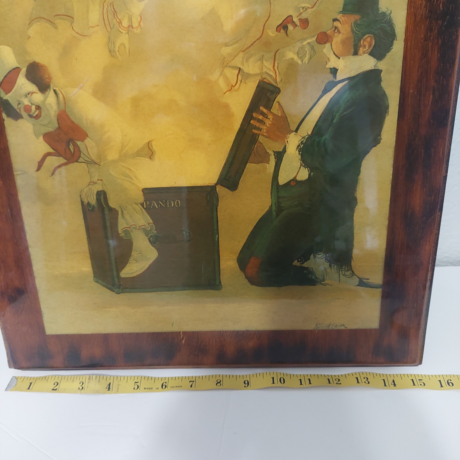 Vintage 70’s Robert Owen “Pando’s Box” Clown Painting on Wood 19″ x 15″