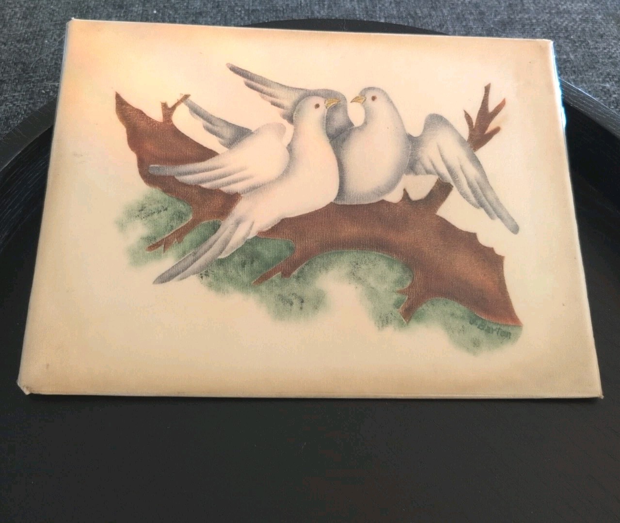 Vintage Jane Barton Signed 1976 Theorem Painting Of Doves 9×12″ SSE