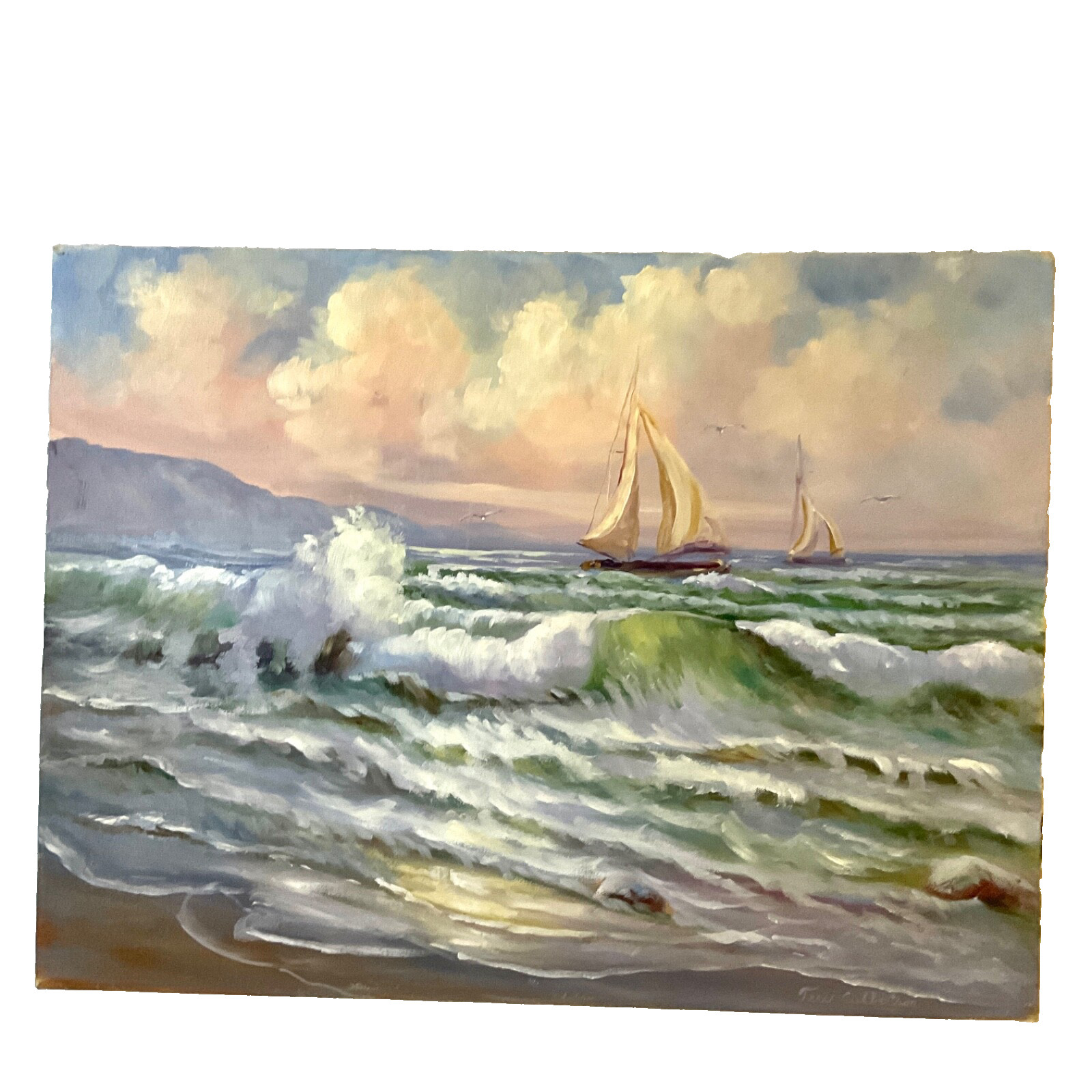Vintage 90s ships seascape ocean hand painted original PAINTING signed waves