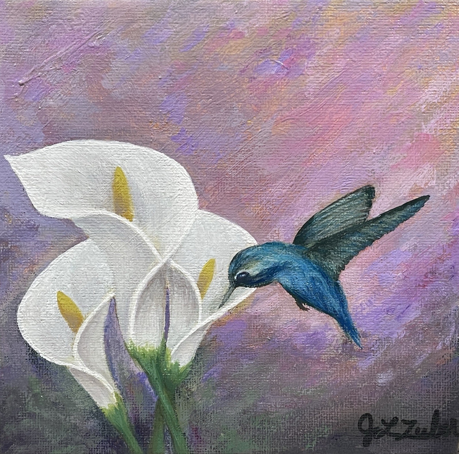 Original Painting Just A Sip Hummingbird 6×6 Acrylic On Canvas