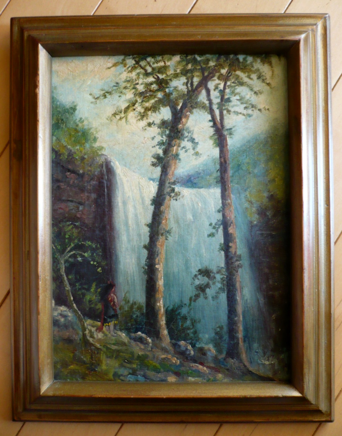 MINA BOEHM METZGER, NEW YORK IMPRESSIONIST OLD ANTIQUE, FOREST NATURE WATERFALL