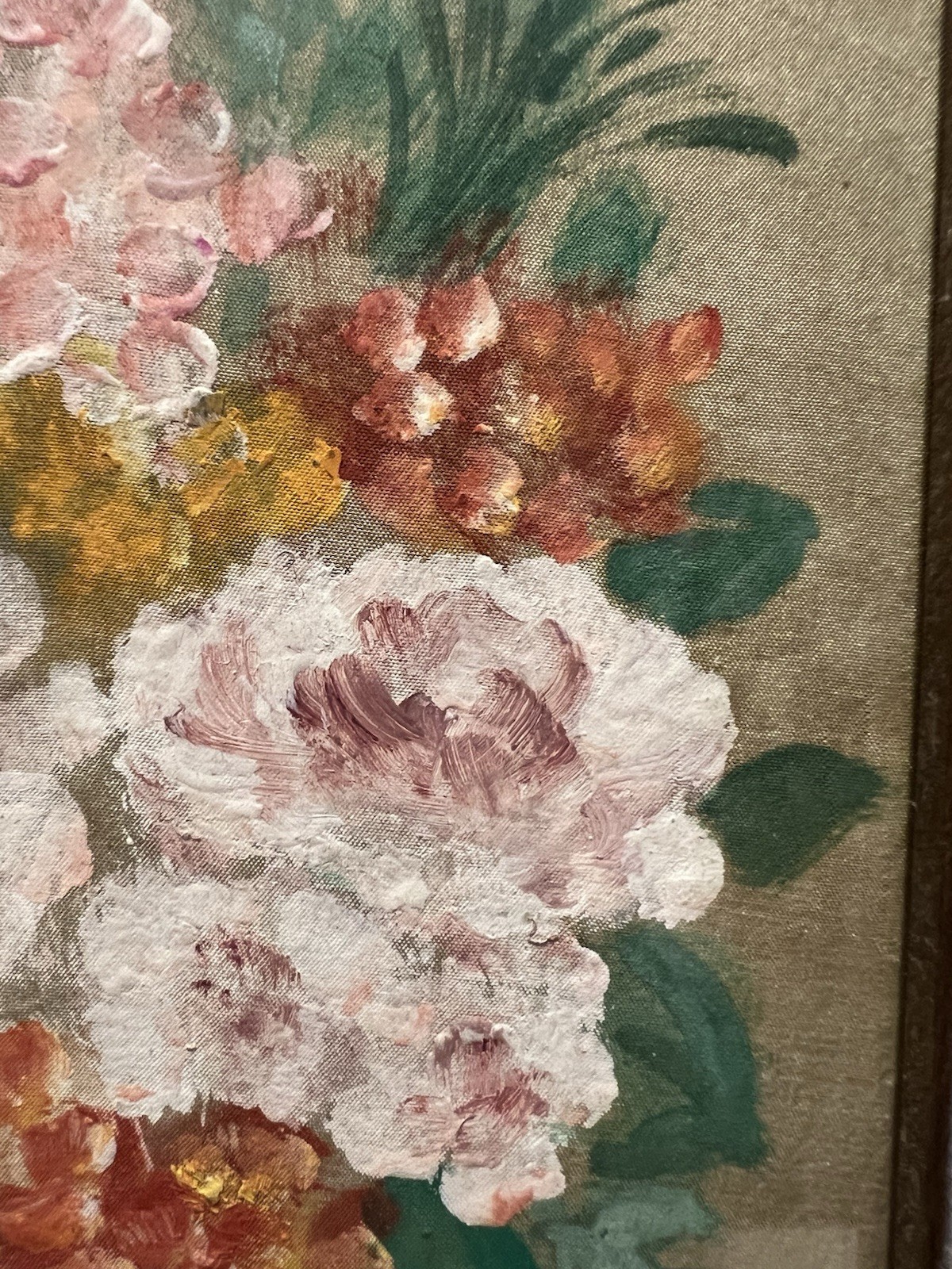 Vintage 5”x7” Hand painted Oil On Fabric Floral In Vintage Frame Signed