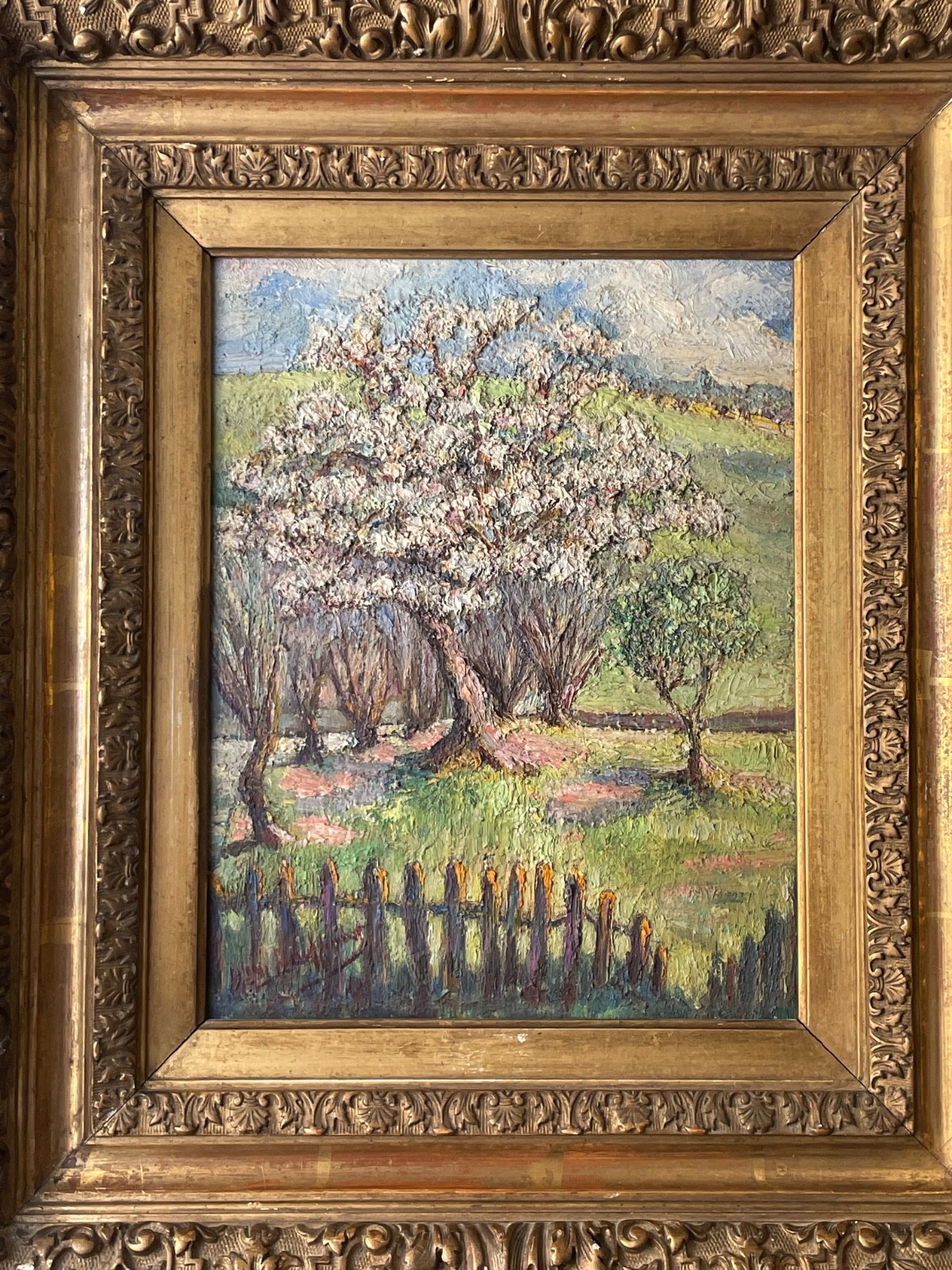 Antique Impressionist Oil Painting Panel Manner Pissarro Countryside in Spring