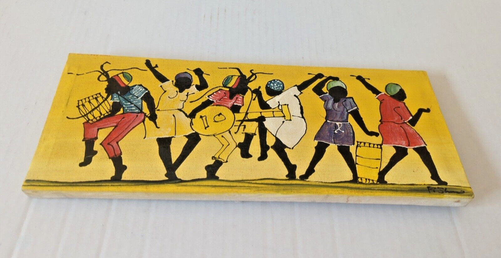 Vibrant Painting by P. Shaw w/Colorful Caribbean Dancers/measures 15″ by 6″