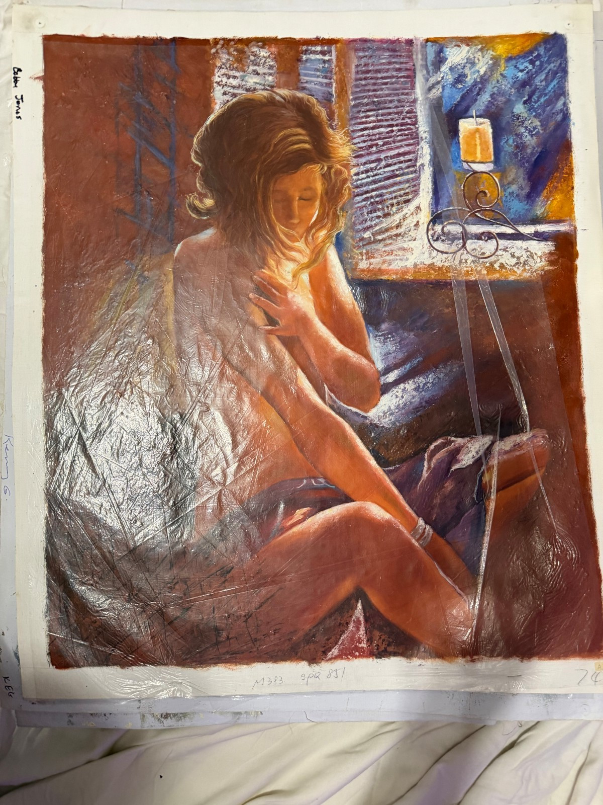 Vintage Romantic Woman Balcony Scene Oil Painting Candle Lantern Night Portrait