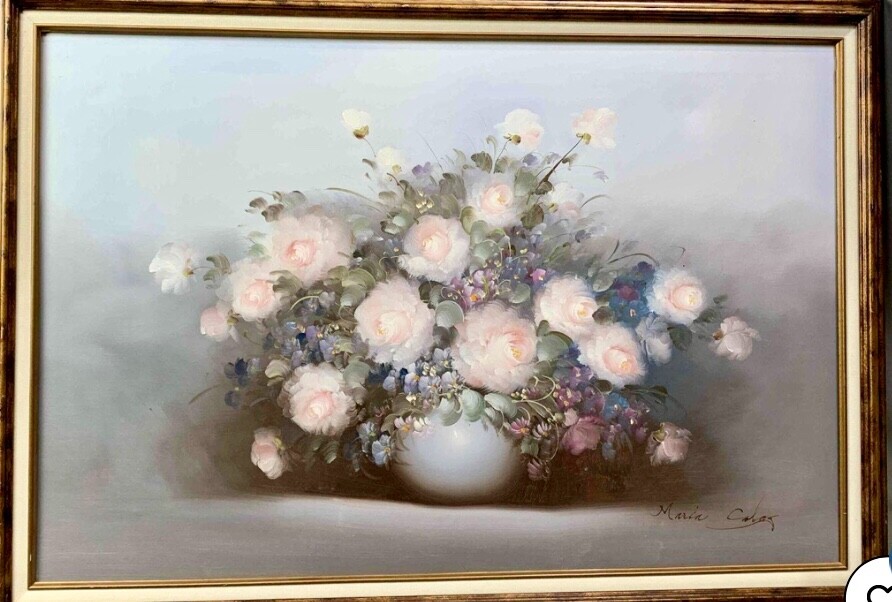 Vintage Oil Canvas Painting Flowers Signed Art Maria Carlos Buyer Picks Shipping