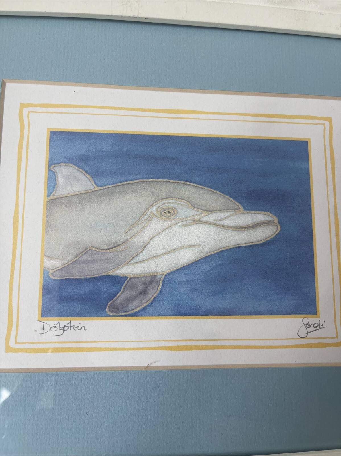 Dolphin Painting Signed Nautical Theme Watercolor Decor Matted Framed 13×11”