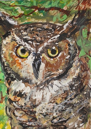 ORIGINAL ACEO PAINTING Great Horned OWL Spring BIRD Animal Tree Nature ATC ART