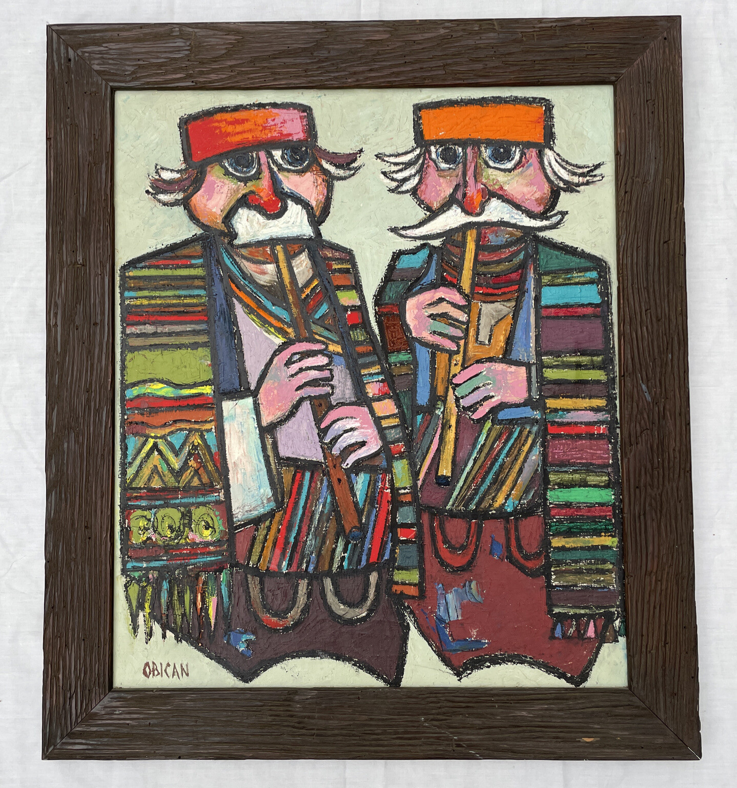 Large Signed Jovan Obican Colorful Oil On Canvas Painting 33” X 28 3/4” X 7/8”
