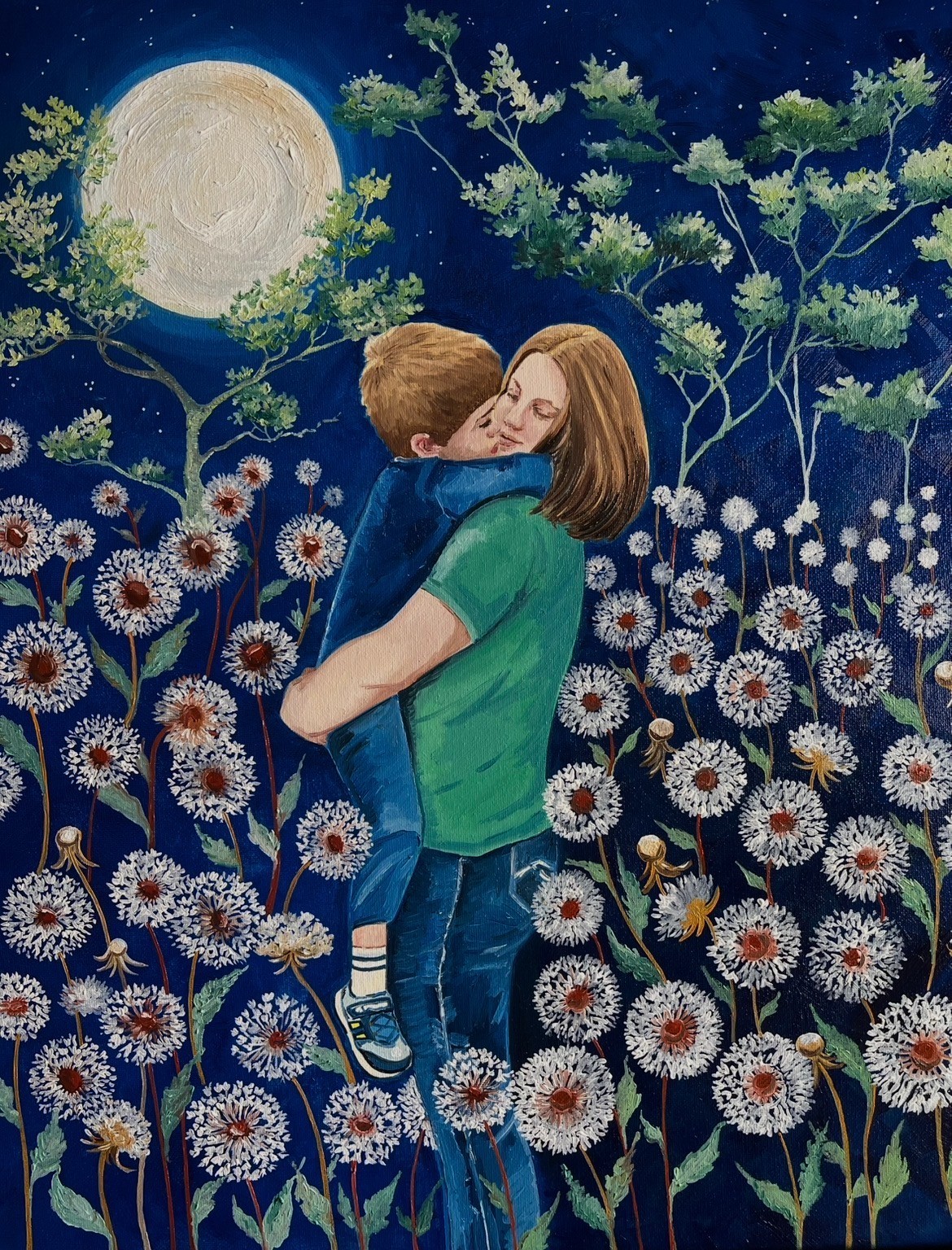 Oil Painting on Canvas, 16×20 inches, Mother & Child, Moon, Night, Dandelions.
