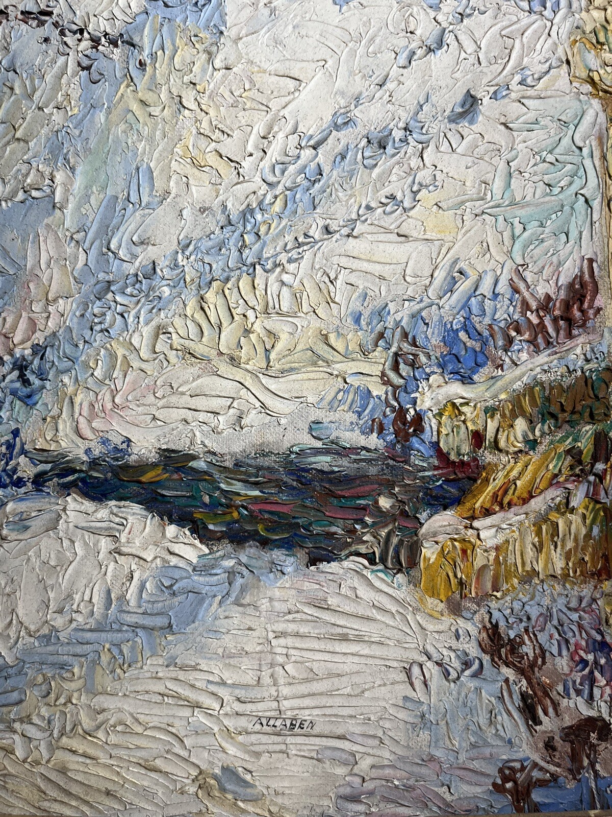 ORIGINAL TEXTURED AMERICAN TOWN ANTIQUE WINTER SNOW VINTAGE LANDSCAPE PAINTING