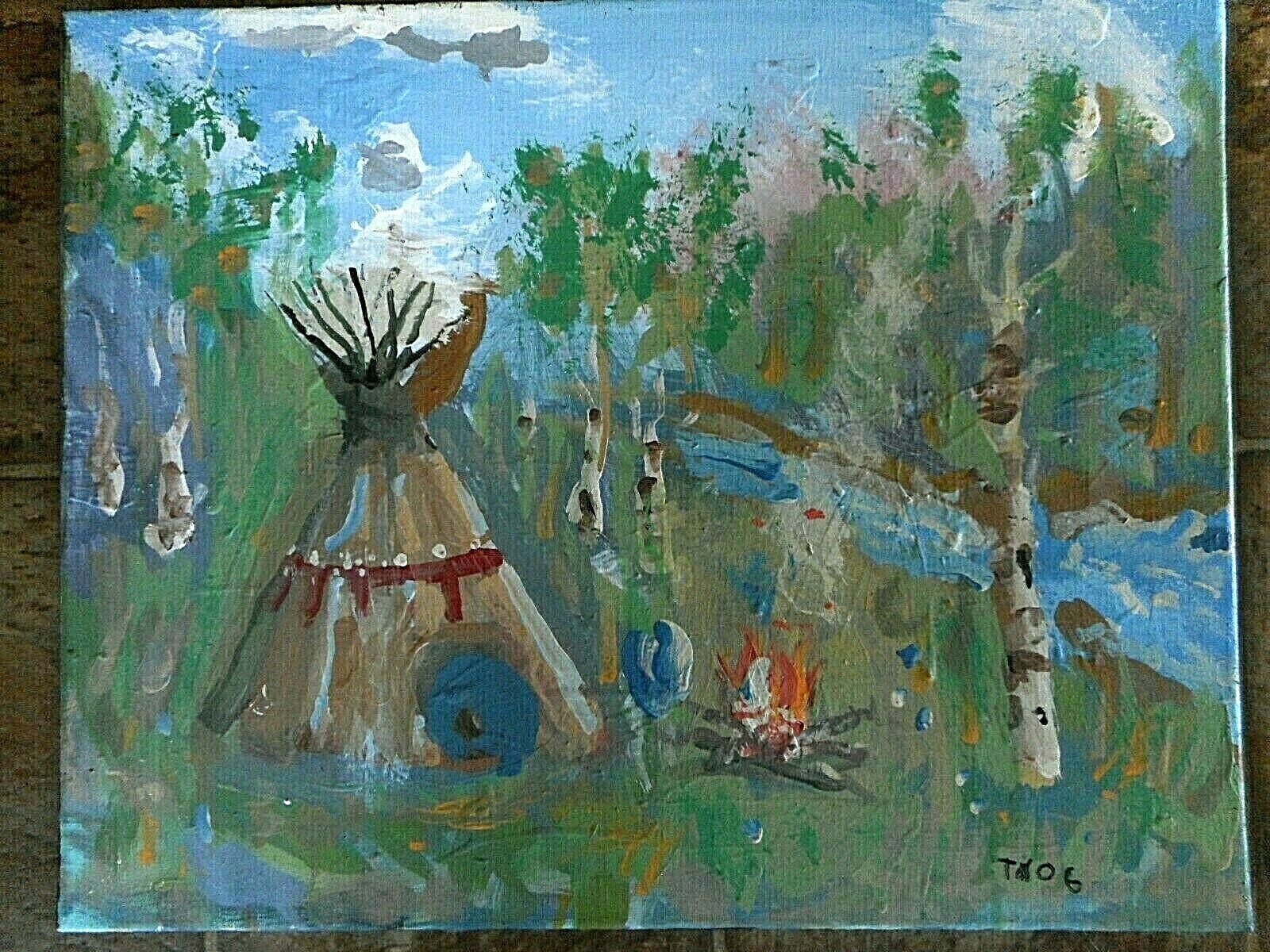 Original Painting Tee Pee Camp Fire Birch Trees Camping Unknown Artist TAOG ?