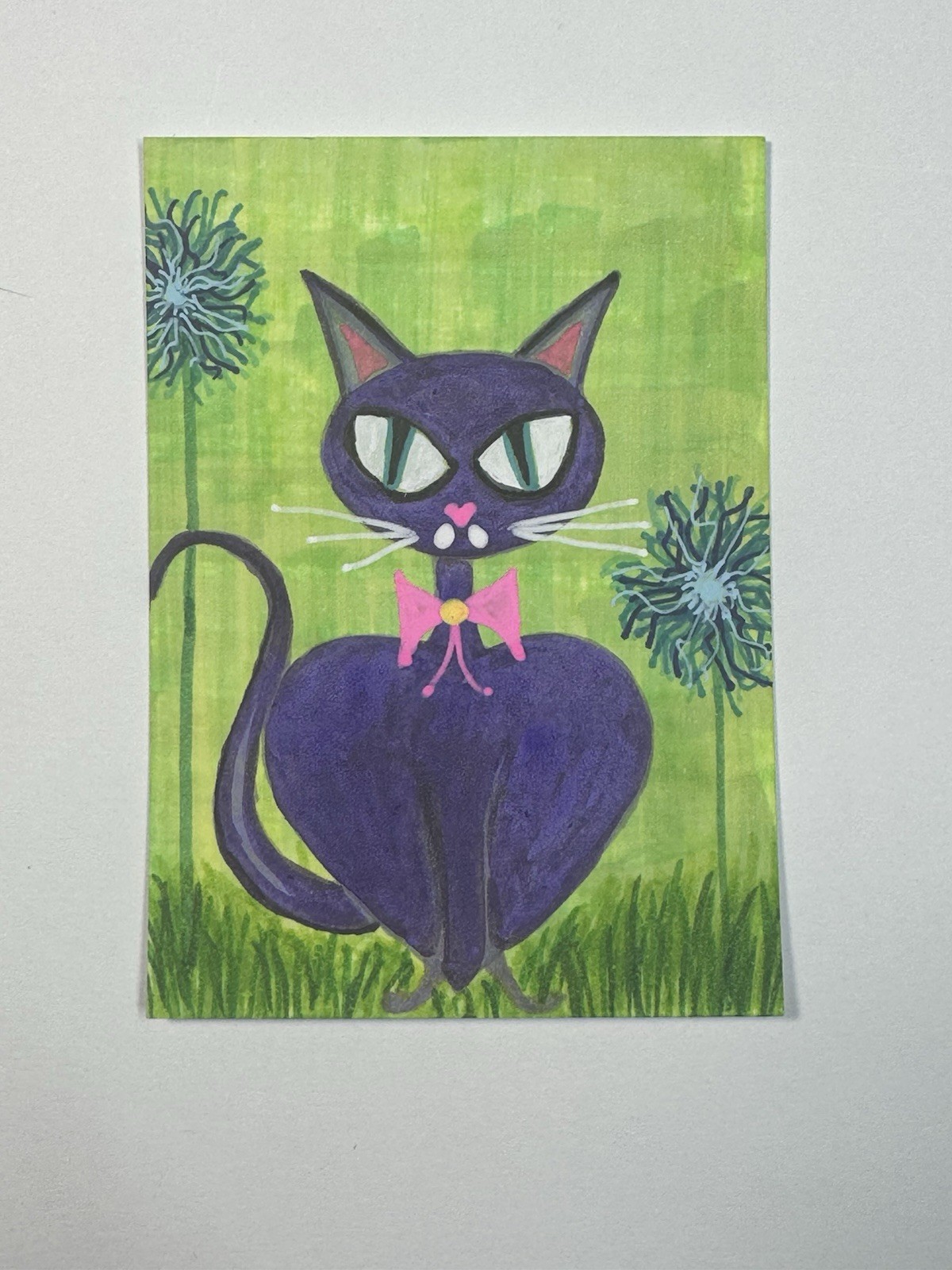 ACEO Original Mixed Medium Painting 2.5×3.5 Inches Cat With Flowers 2.5 X 3.5