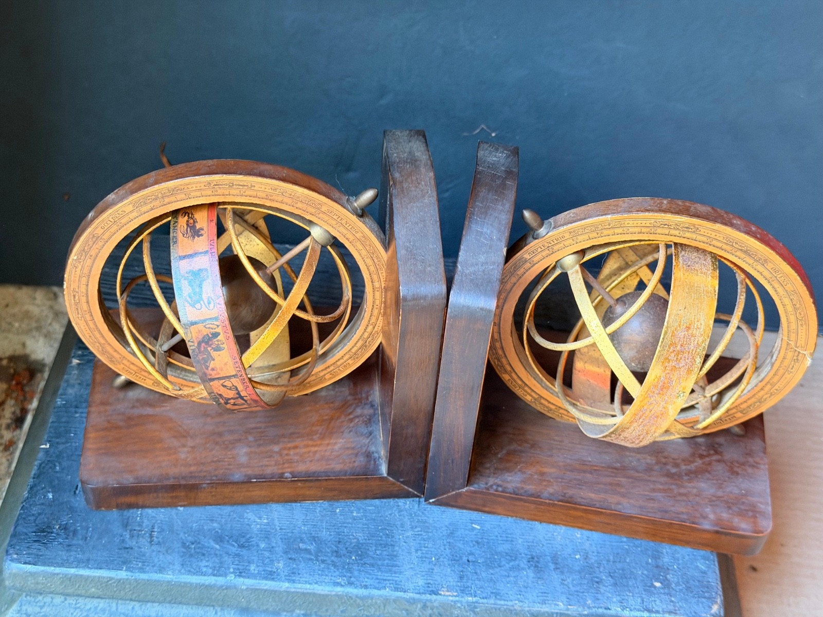 Vintage Wood Armillary Sphere Bookends Zodiac Astrological Globe Pair 6″
