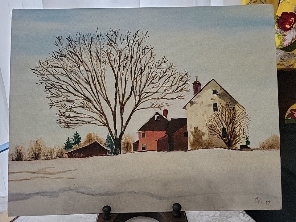 Original Acrylic Winter Painting Of Farm House / Out Buildings 14×18 Beautiful