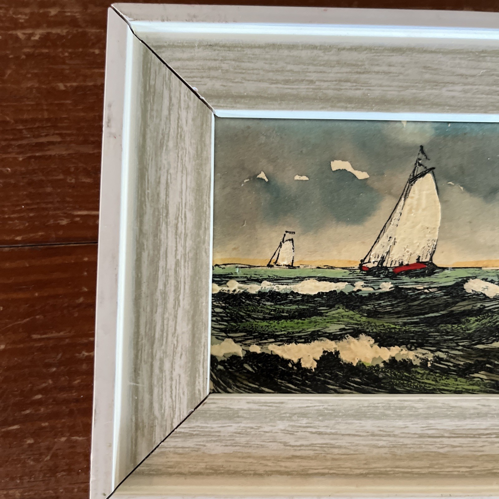 Vintage Framed Oil? Acrylic? on board Painting Miniature 4”x 8″ Sailboats Ocean