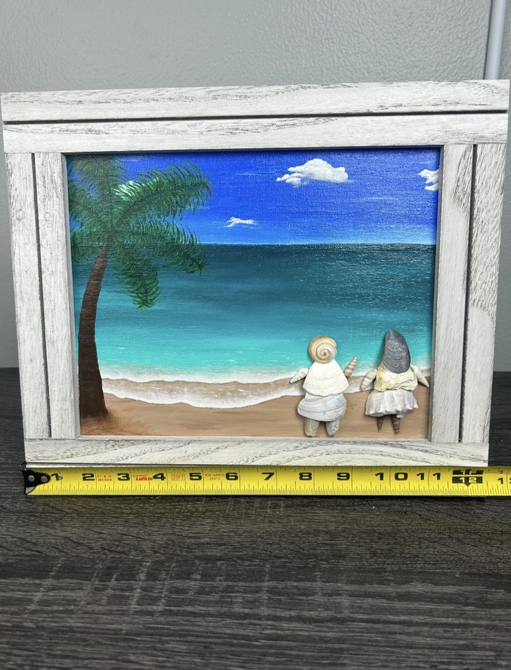 Hand Painted Beach Scene With Shell People Ocean Coastal Framed Art Unique 8×10