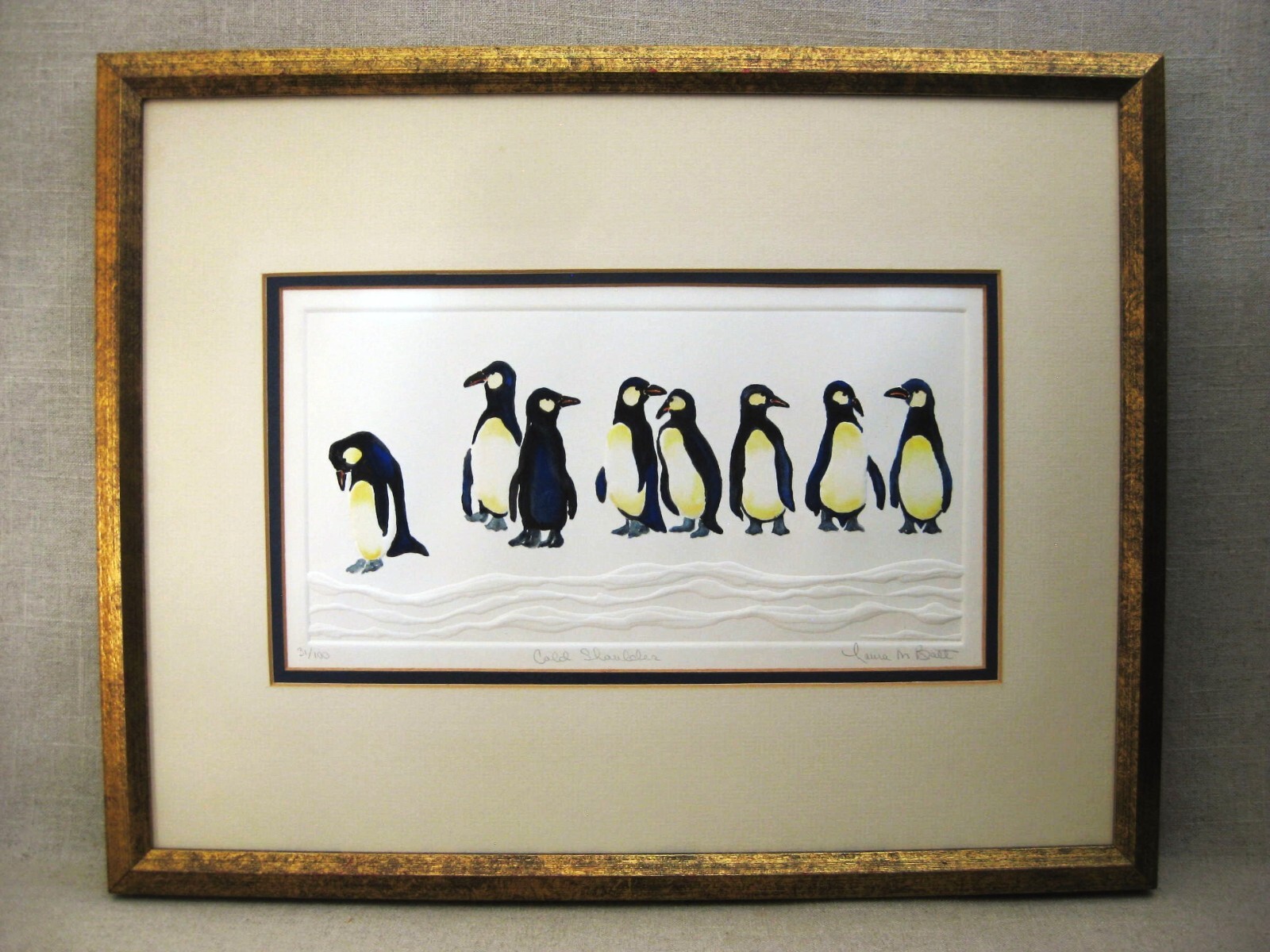 Penguin Wall Art, Original Watercolor Painting, Framed Vintage Home Décor