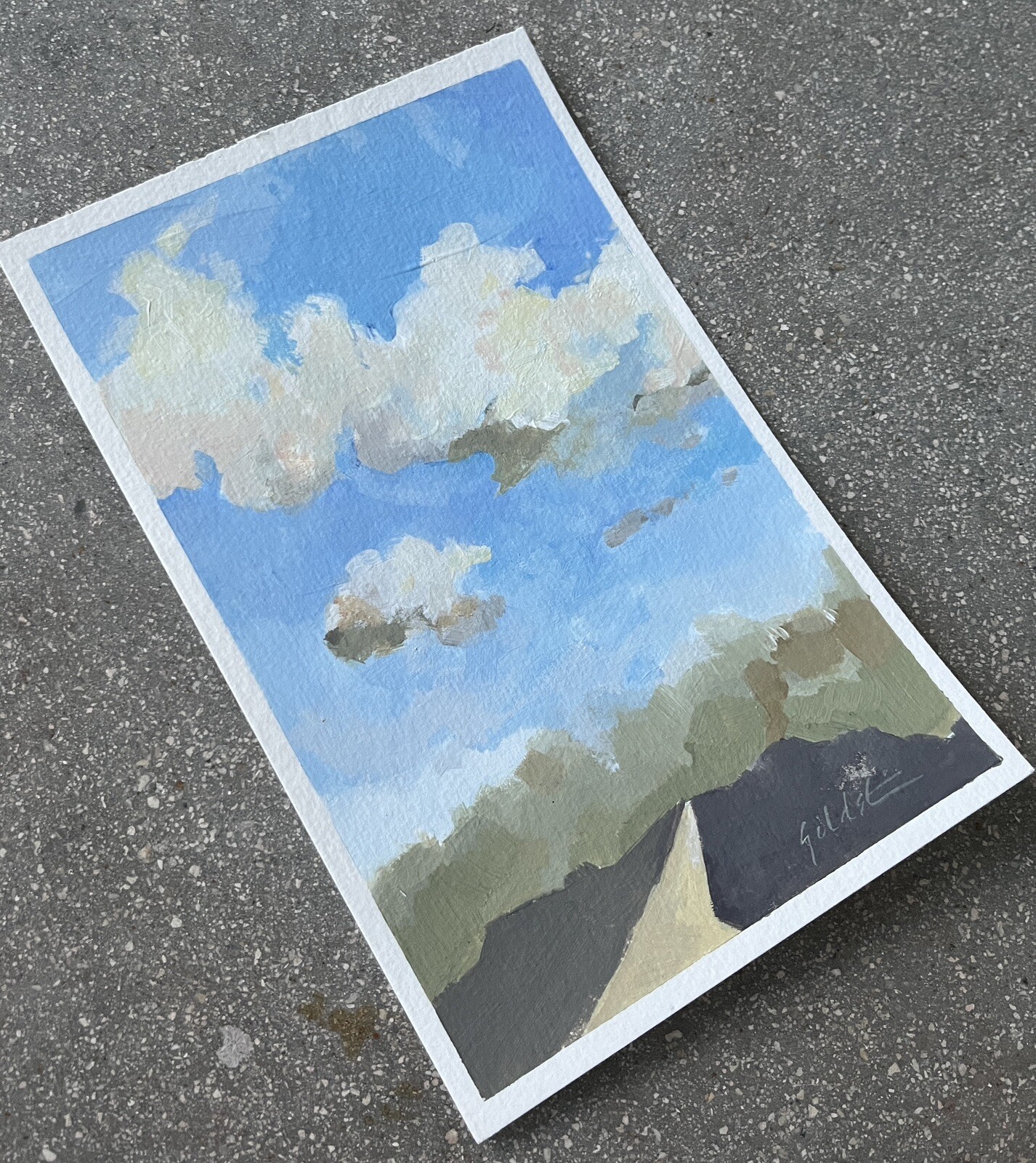 Original Cloud and Fields Landscape Painting on Watercolor Paper Signed Fine Art