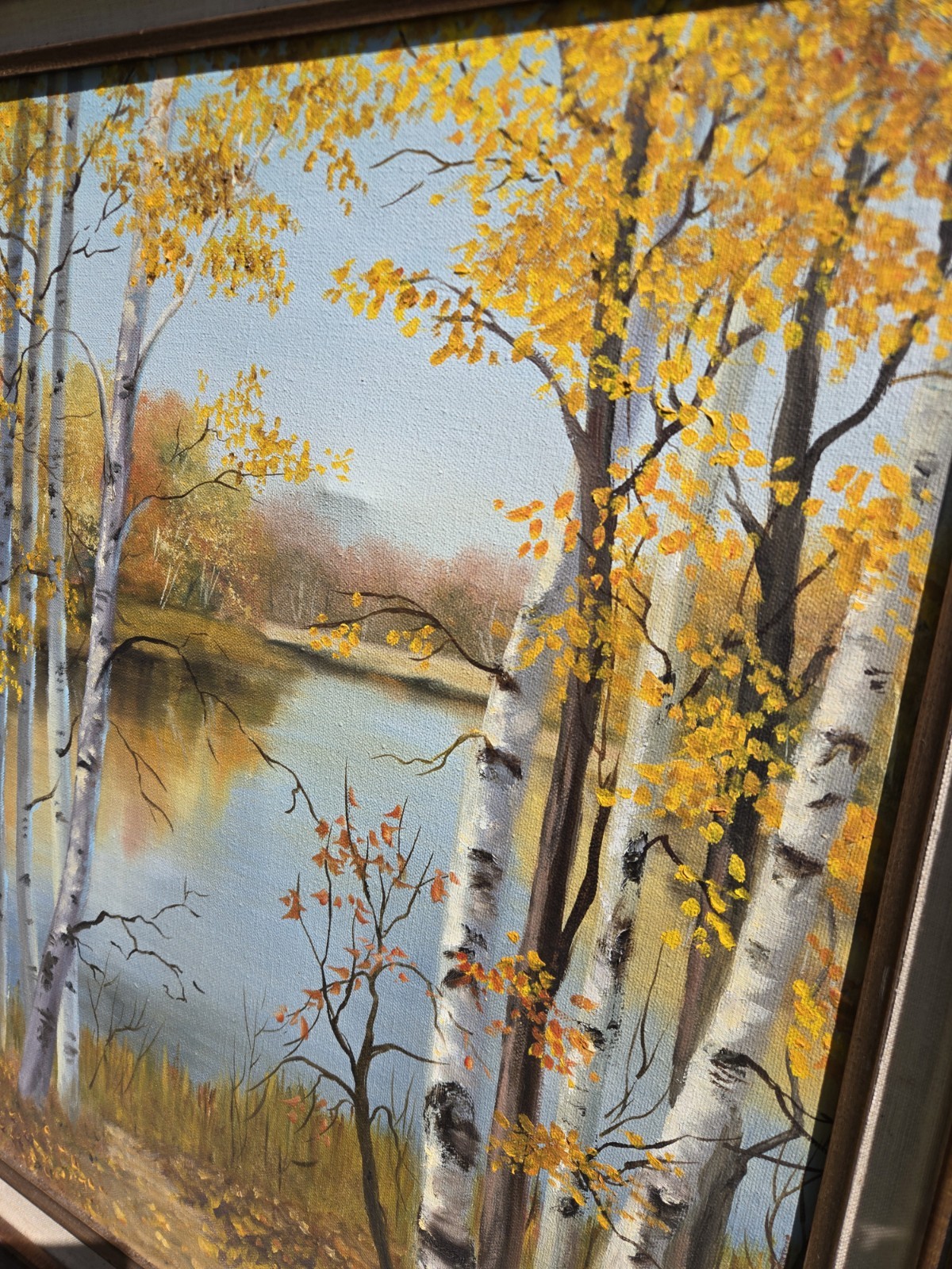 Vintage Original Oil Painting Birch Trees Autumn Forest Signed Ornate Wood Frame