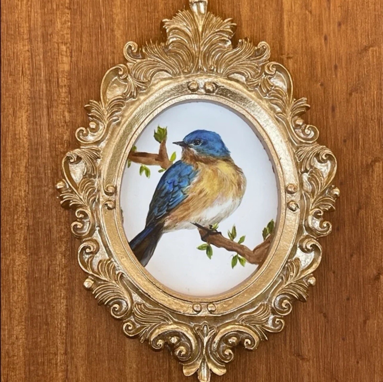 Eastern Bluebird watercolor print in mini gold ornate frame