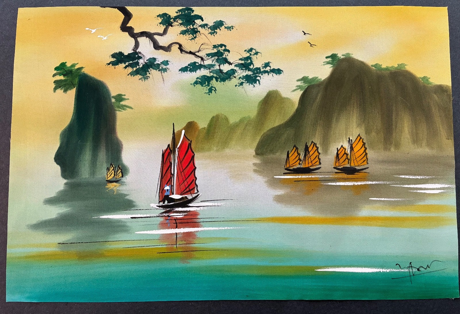 MidCentury SIGNED MINIATURE CHINESE OIL PAINTING on Fabric 12 1/4” x 8 1/4″