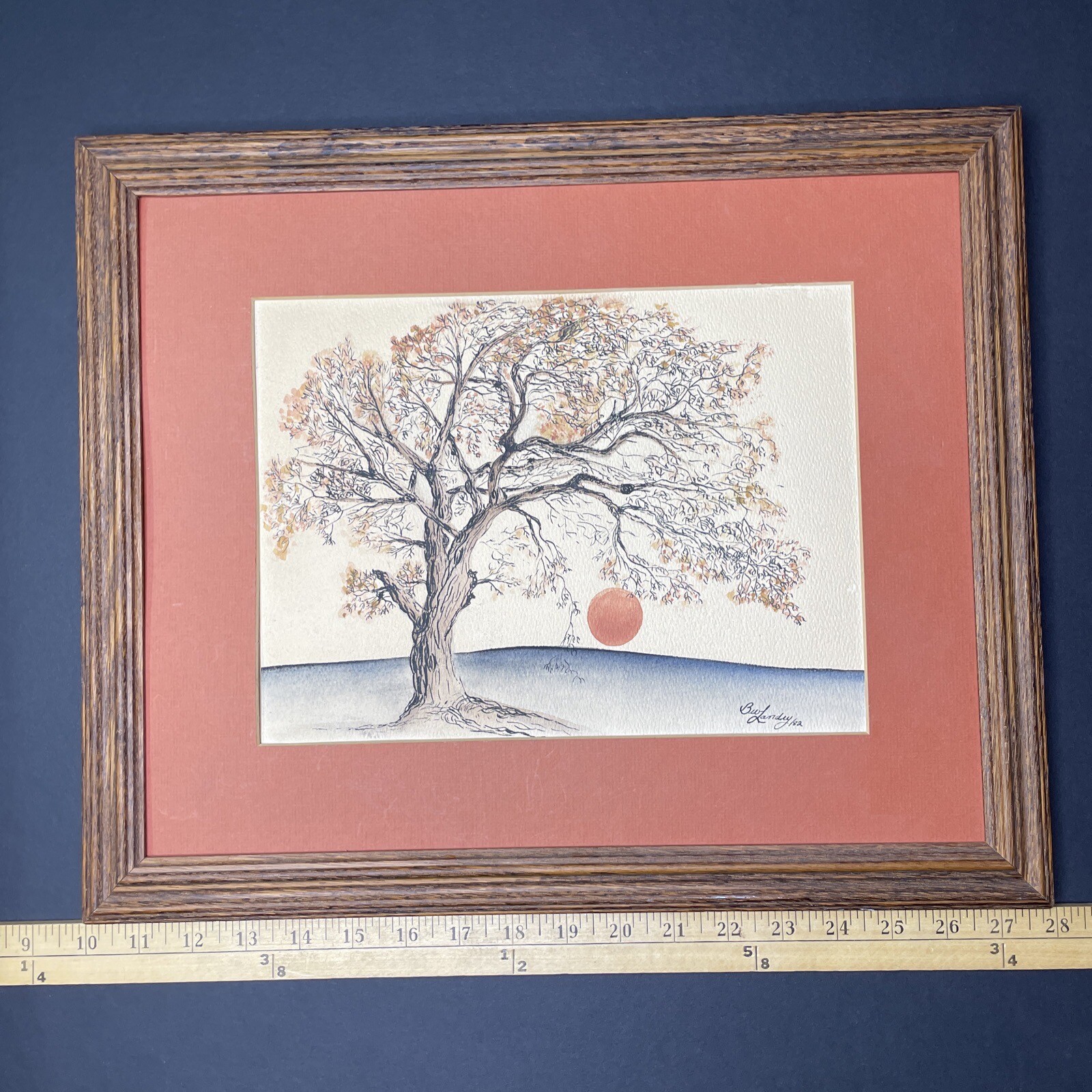Beverly Landry «Elm Tree Harvest Moon» Original 1982 Watercolor Painting Signed