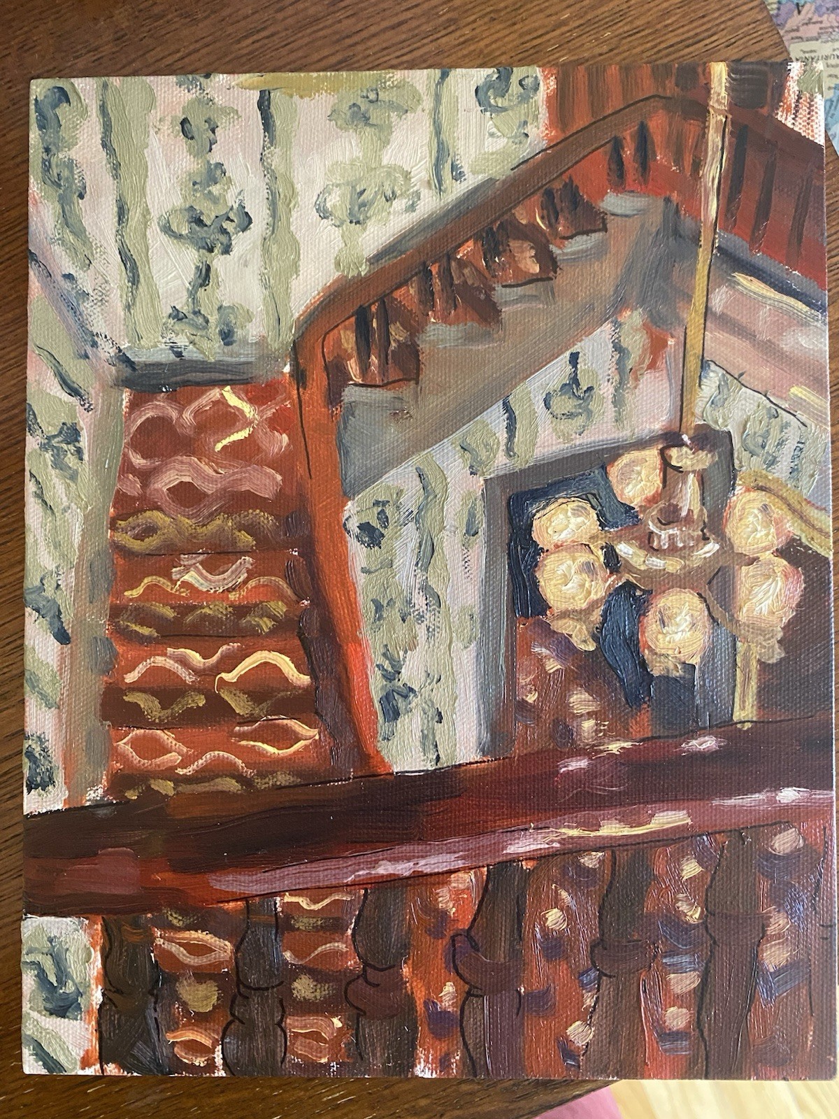 Staircase Chandelier Ornate Original Impressionist Oil Painting on Canvas Board