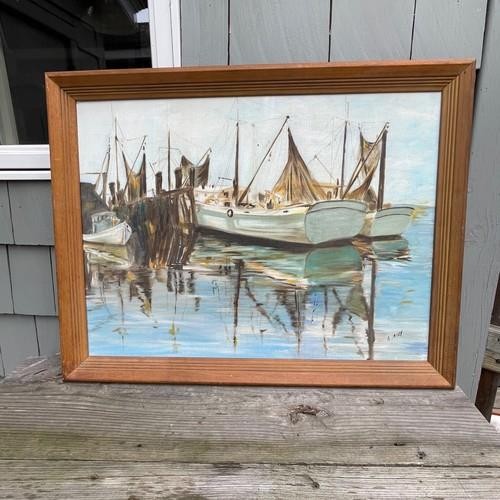 24″ Boats Docked Restful Vintage Oil Painting Stretched Canvas w Wood Frame