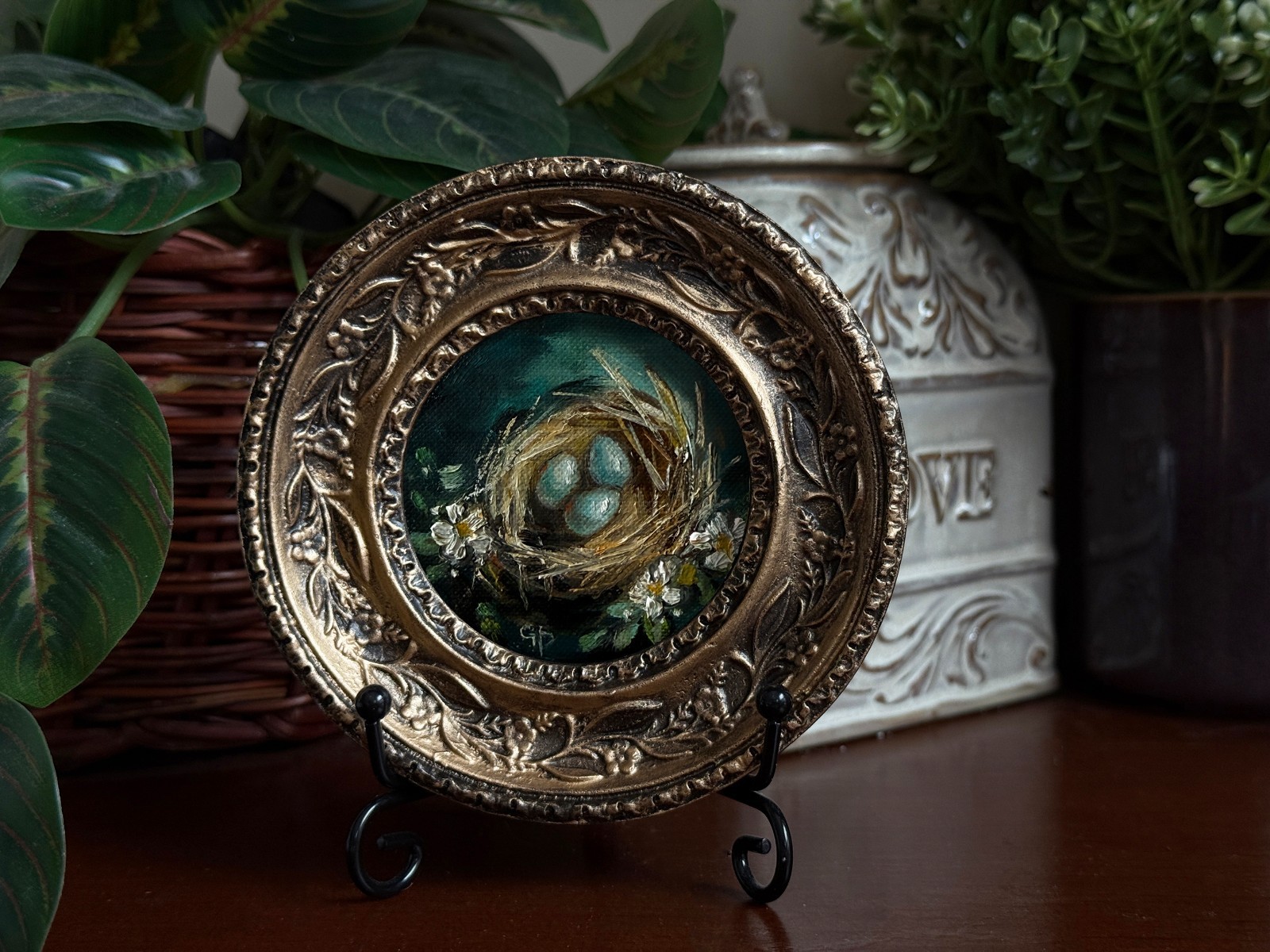 Original Oil Painting Miniature Gold Framed Bird Nest Hand Painted Art