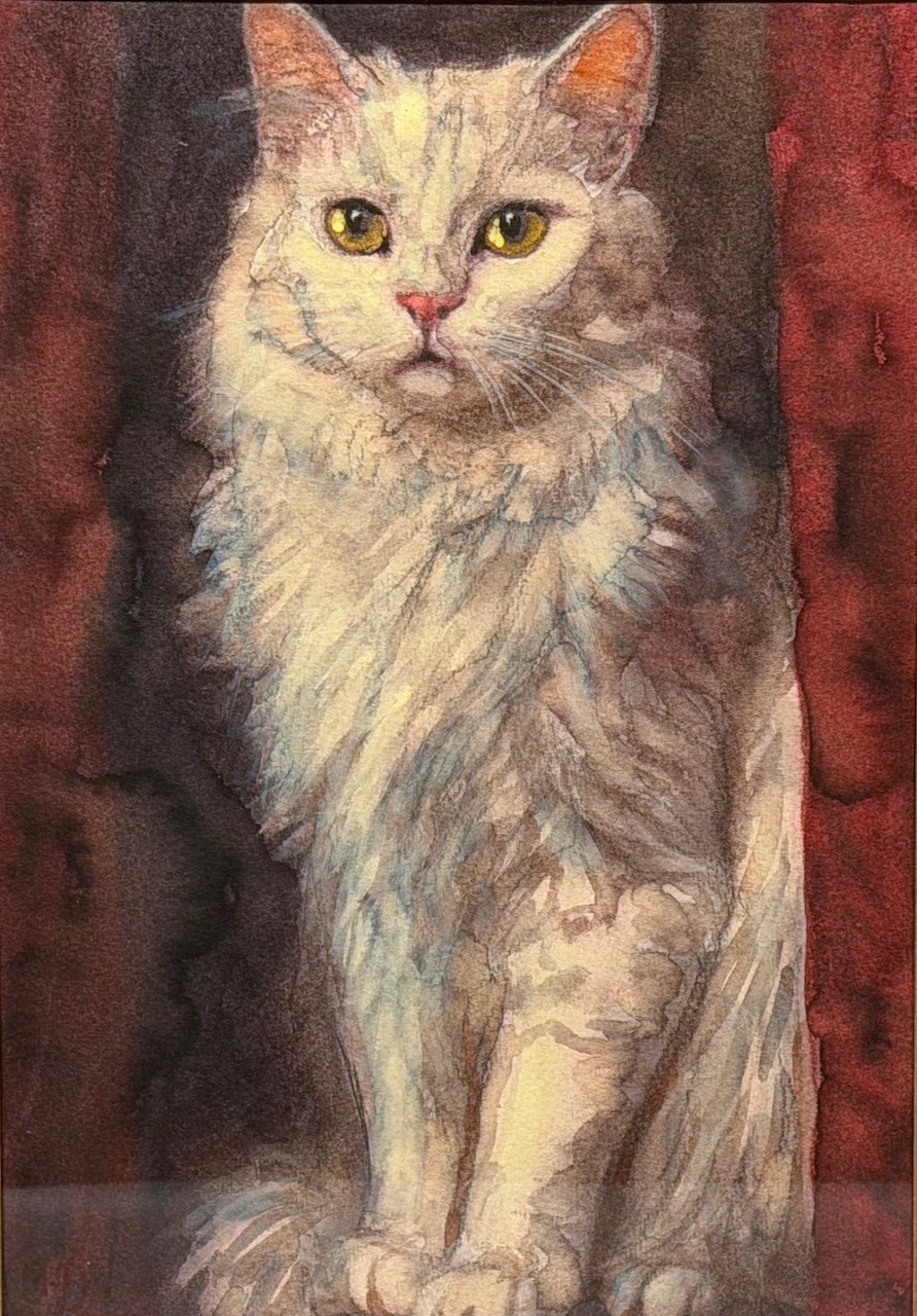 Vintage French Watercolor Painting,  Portrait of a White Cat, Signed