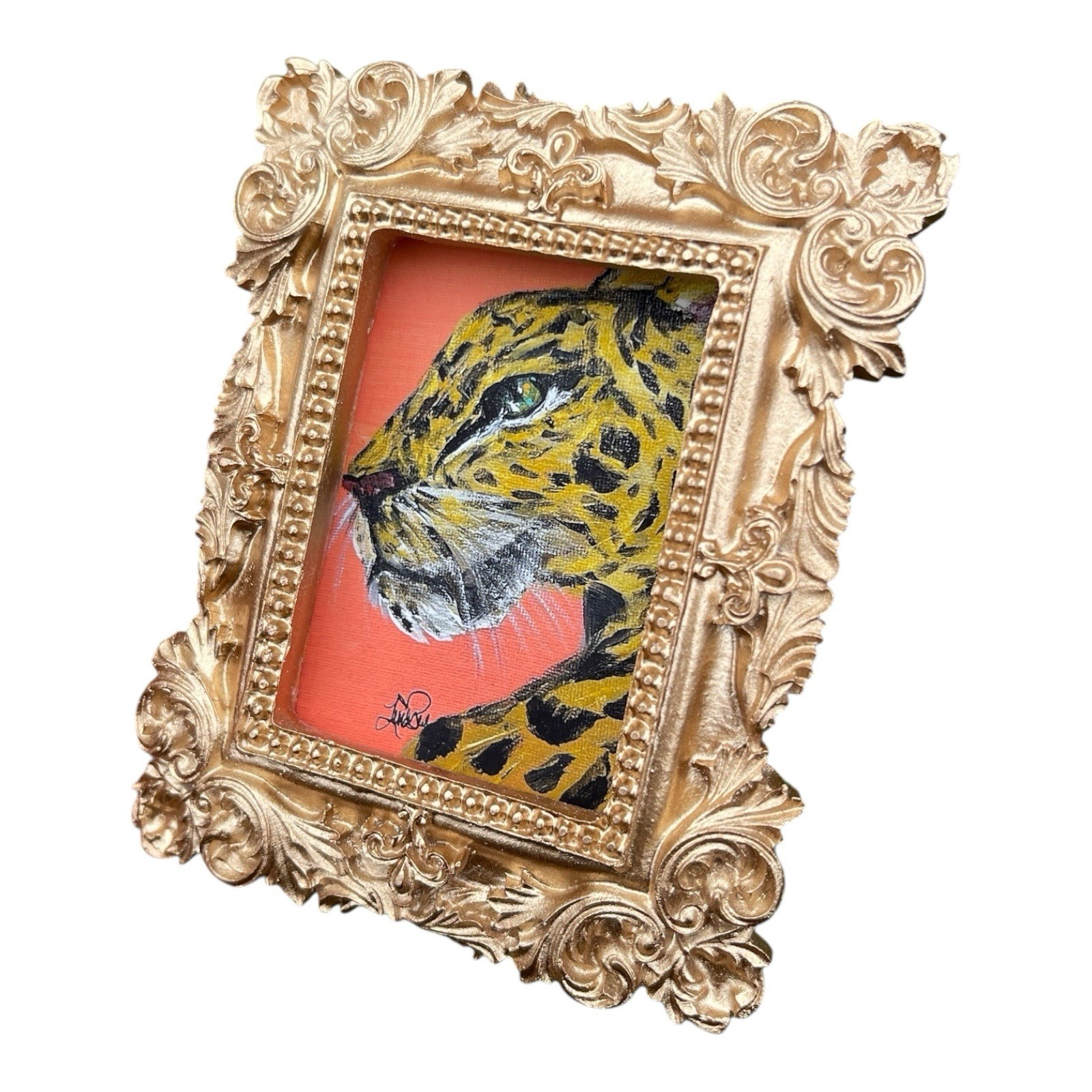 Leopard “Big Cat” watercolor print in mini gold vintage style ornate frame