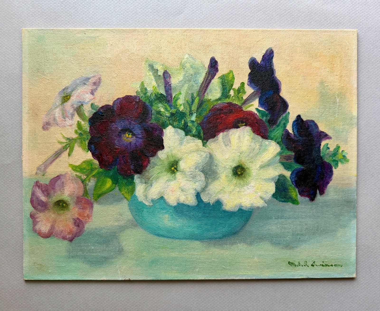 Vintage Signed MARJORIE E G SWINSON Floral Still Life Petunias on 12 x 9 Board