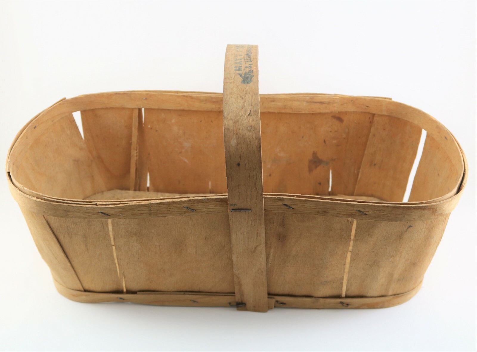 Gathering Market Basket Slat Bent Wood w/ Handle Marked Lowbanks, Ontario Canada