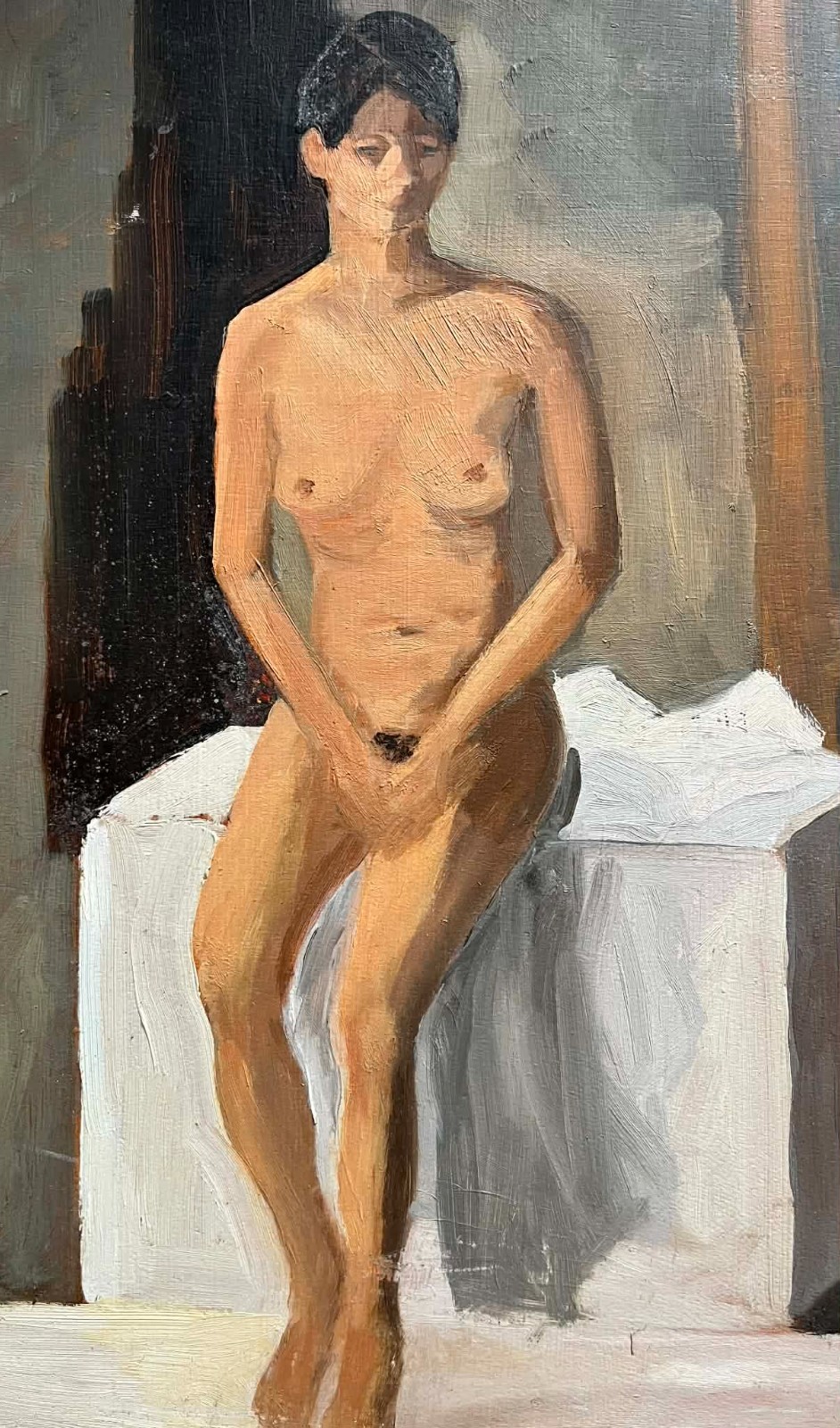 ARTIST UNKNOWN AUSTRALIAN UNSIGNED OIL «SEATED FEMALE STUDIO MODEL NUDE» 1990