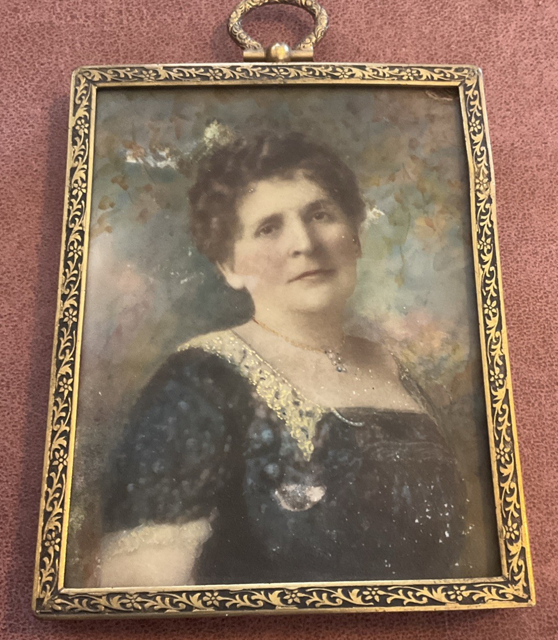 Antique Miniature Hand Painted Portrait, Early 1900s Gold Metal Frame 3.5”x4.5”