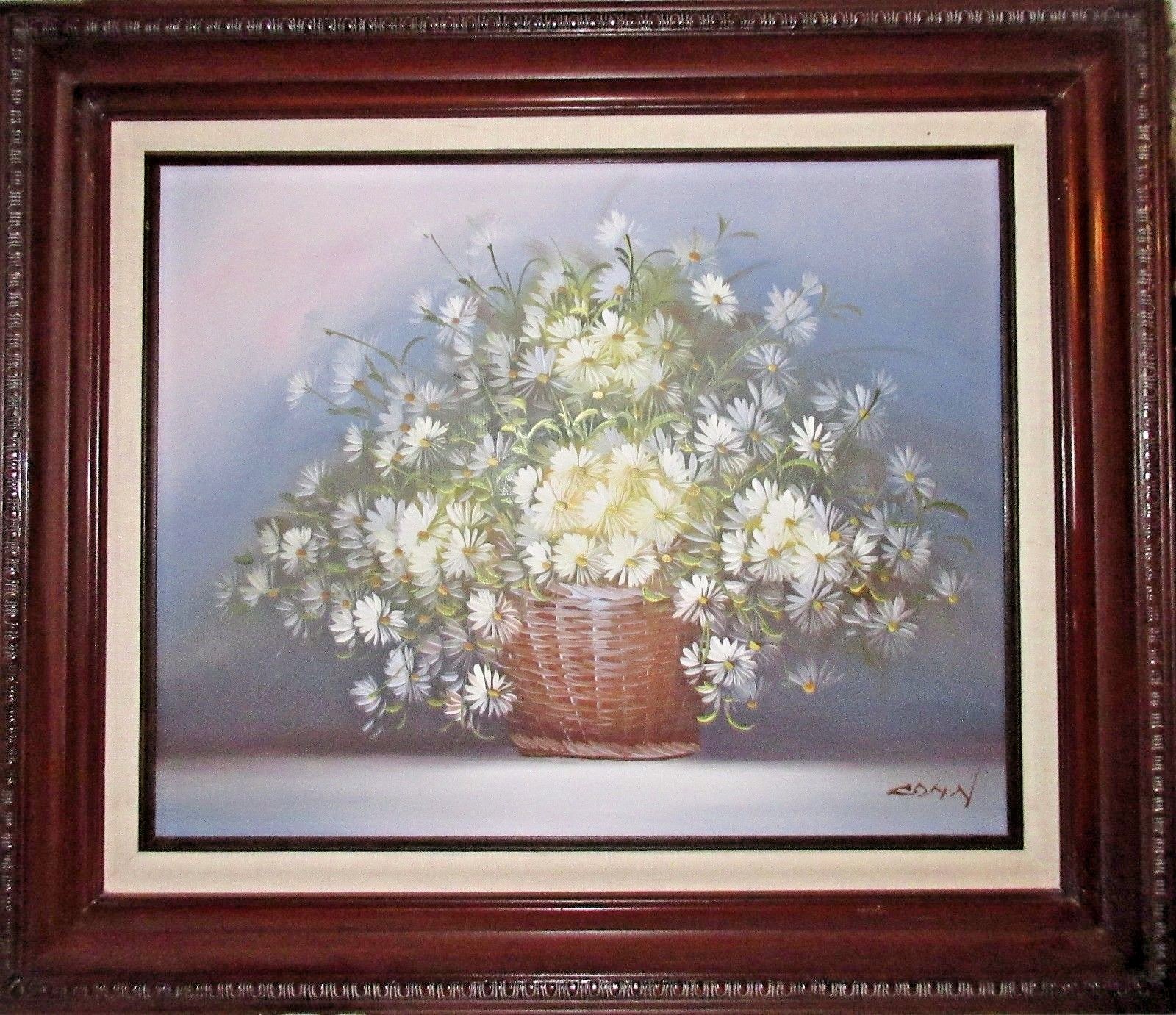 Mid-Century Framed Oil Painting Daisies in a Basket Still Life, Conn 27″x23″