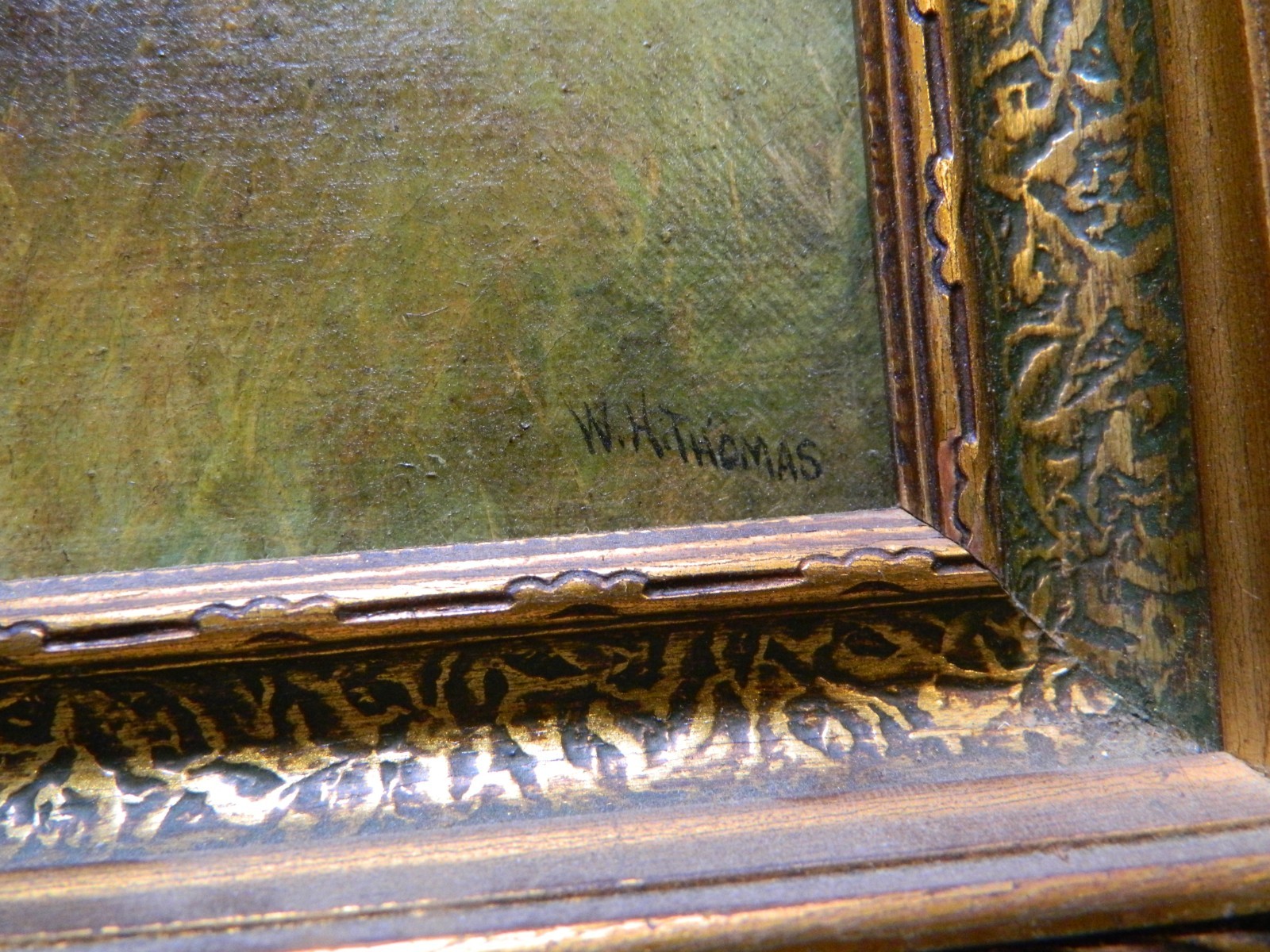 Antique Framed 2 English Pointers Oil On Canvas Signed W.H. Thomas 14.75″ VG