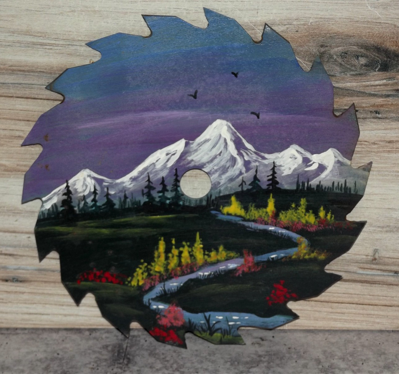 Mountain River Landscape Scene Painting on 7″ Saw Blade Vintage B114