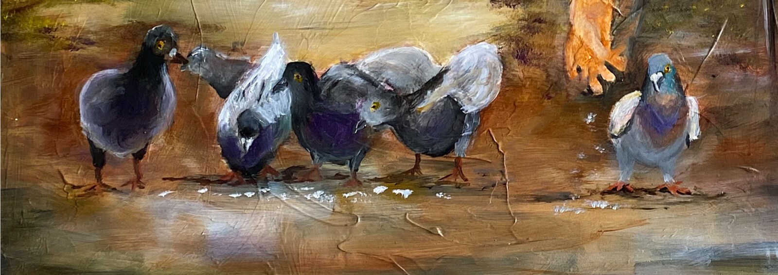 Feeding Pigeons Original Oil Painting on Gessoed Masonite Framed 12×16 by artist