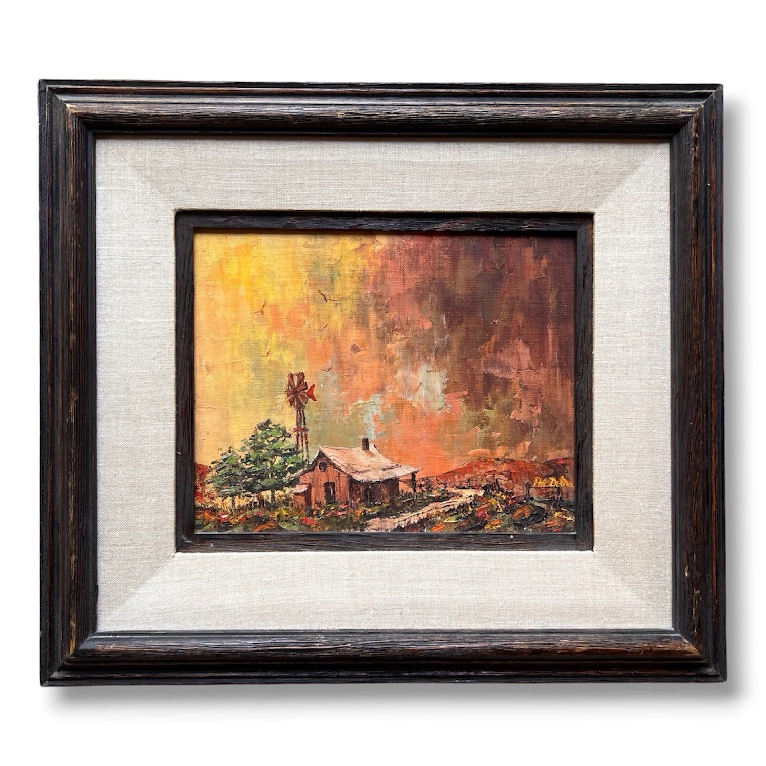 Vintage Impressionist Oil Painting Landscape 70s Framed Farm House Warm Colors