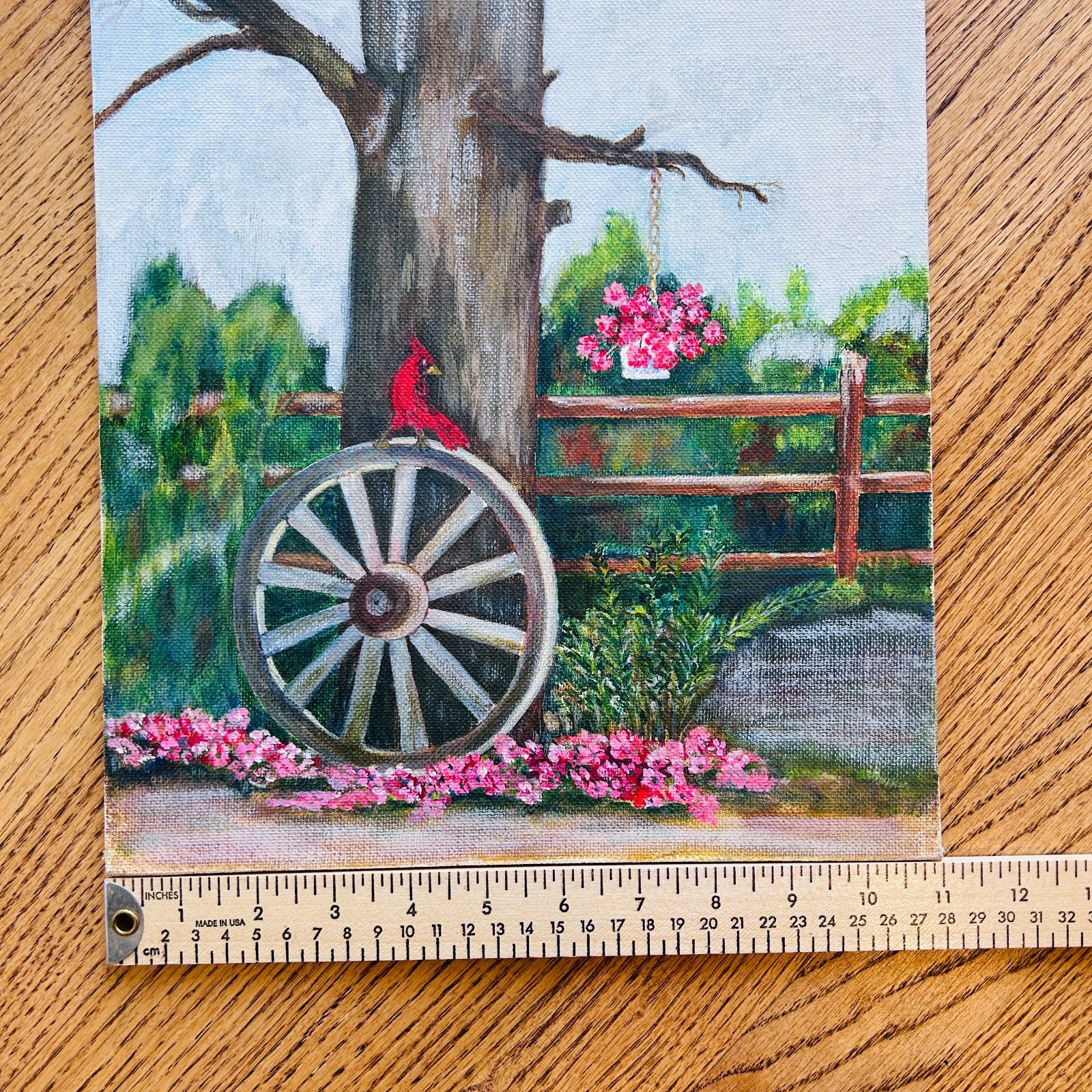 Original Painting on Board Cardinal on Wheel Tree Flowers Landscape Nature Art