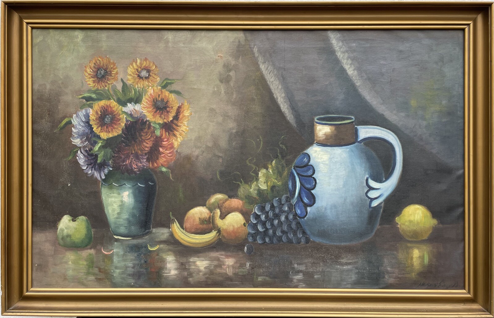 Oil picture still life chrysanthemums vase wine jug grapes lemon banana 103.5x66cm