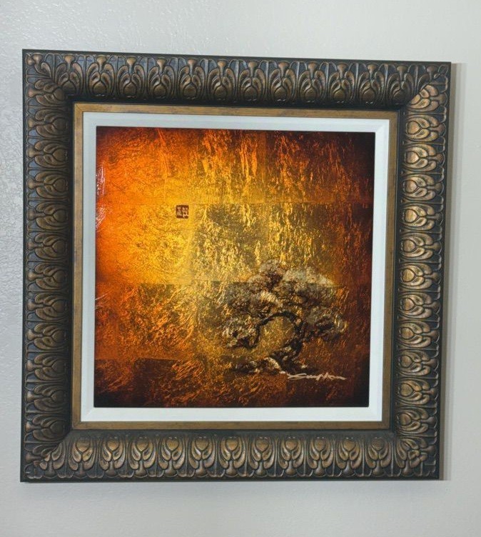 Patrick Guyton Mixed Media Painting on Gold Leaf Golden Tree with Red Chop COA