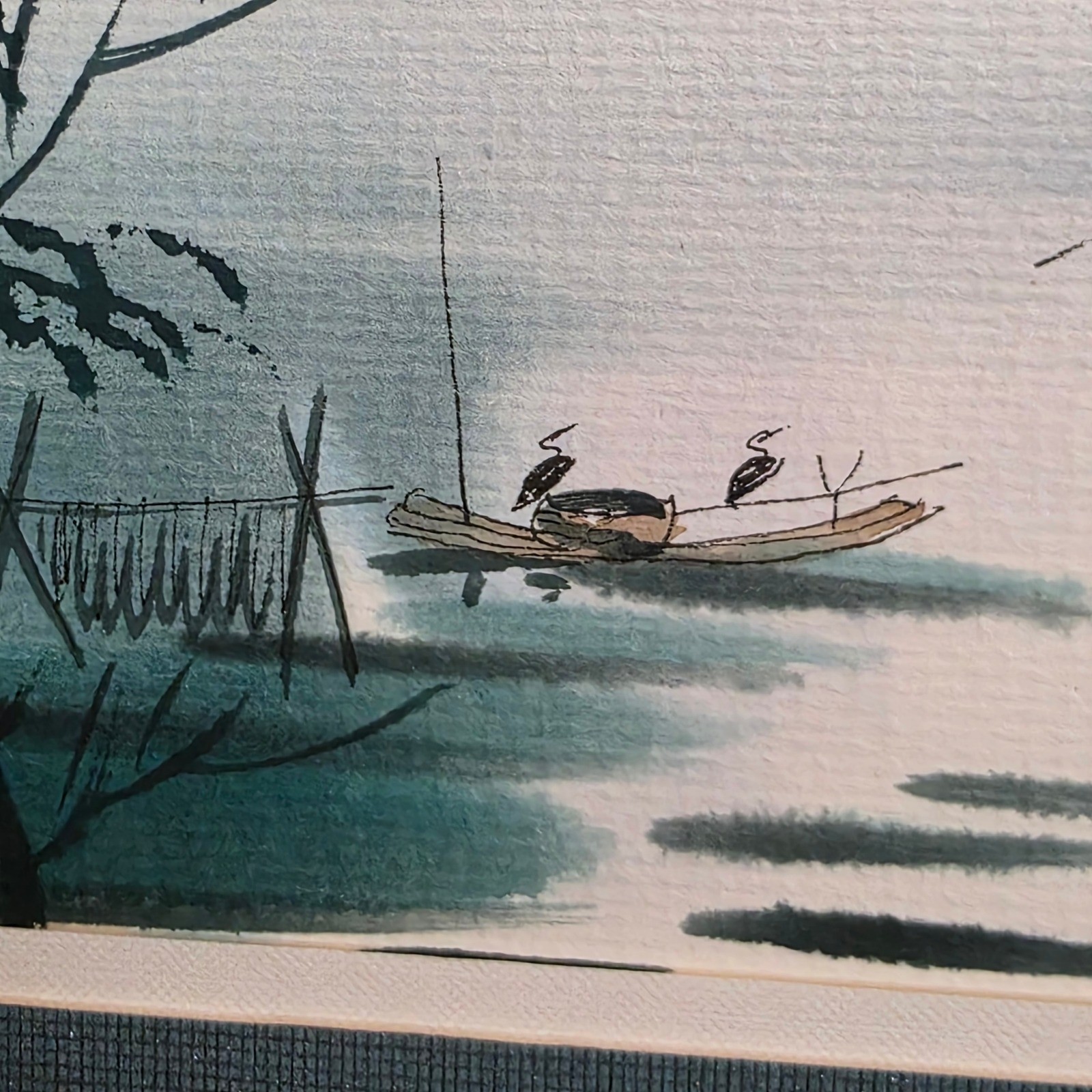 Chinese Cormorant Fishermen Watercolor Painting Signed 2005 Framed Museum Glass